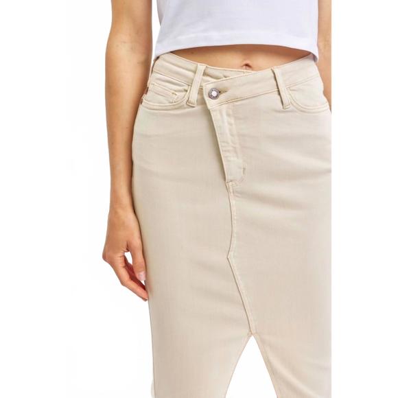 NEW JUDY BLUE high waist garment dyed criss-cross front slit long skirt in bone - Picture 3 of 7